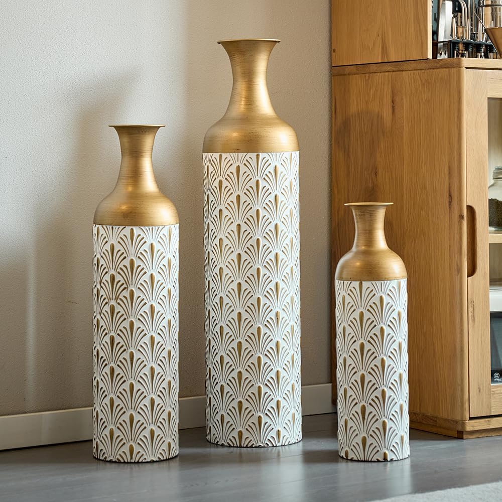 Floor Metal Decorated Vases Set of 3 for Gorgeous Home Decoration Large Glazed Metal Vases (Antique Brass+White)