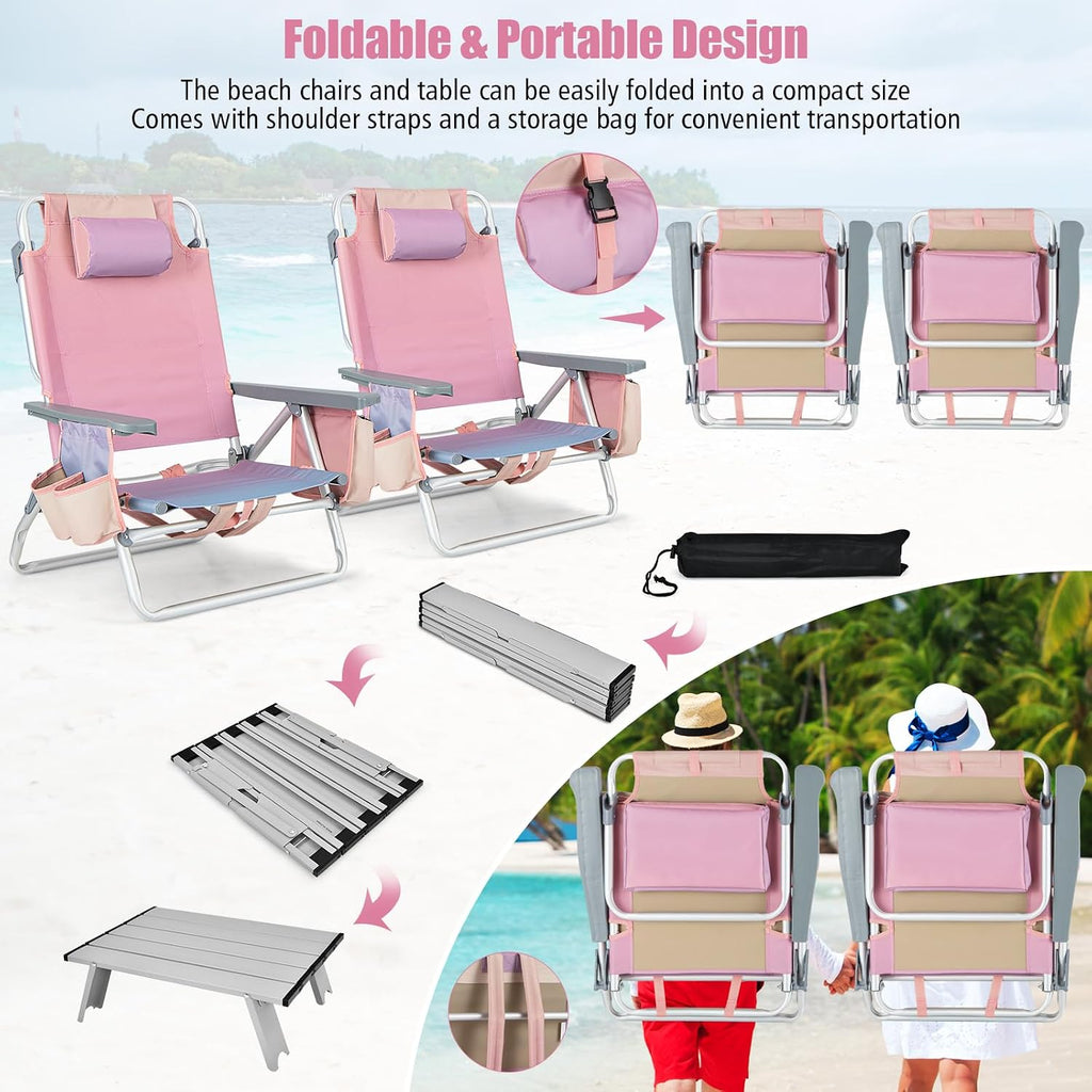 Tangkula Backpack Beach Chair with Table, 5-Position Lay Flat Chairs with Cooler Bag, 2 Cup Holders, Towel Bar, Lightweight Low Folding Chair with Backpack Straps, Pink