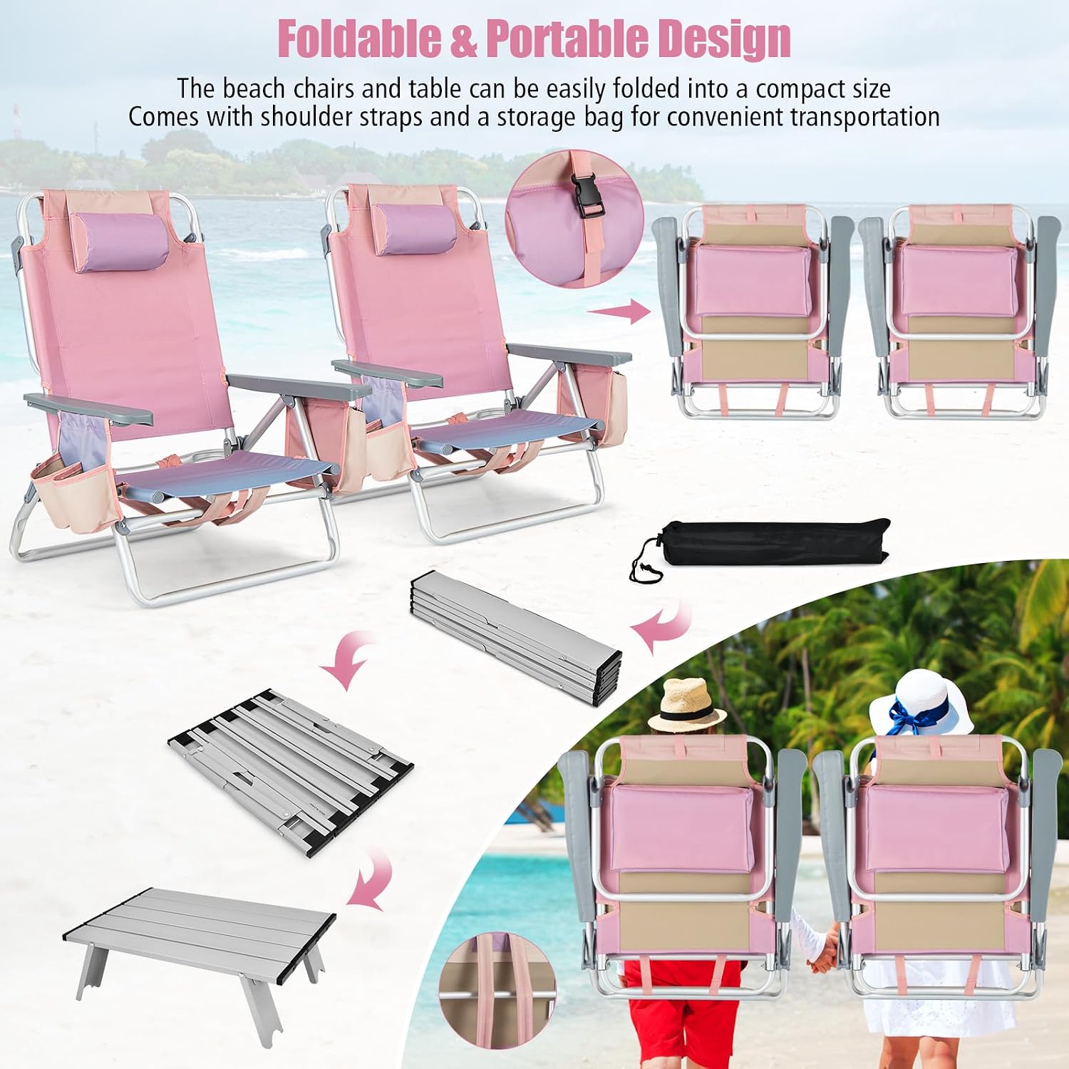 Tangkula Backpack Beach Chair with Table, 5-Position Lay Flat Chairs with Cooler Bag, 2 Cup Holders, Towel Bar, Lightweight Low Folding Chair with Backpack Straps, Pink