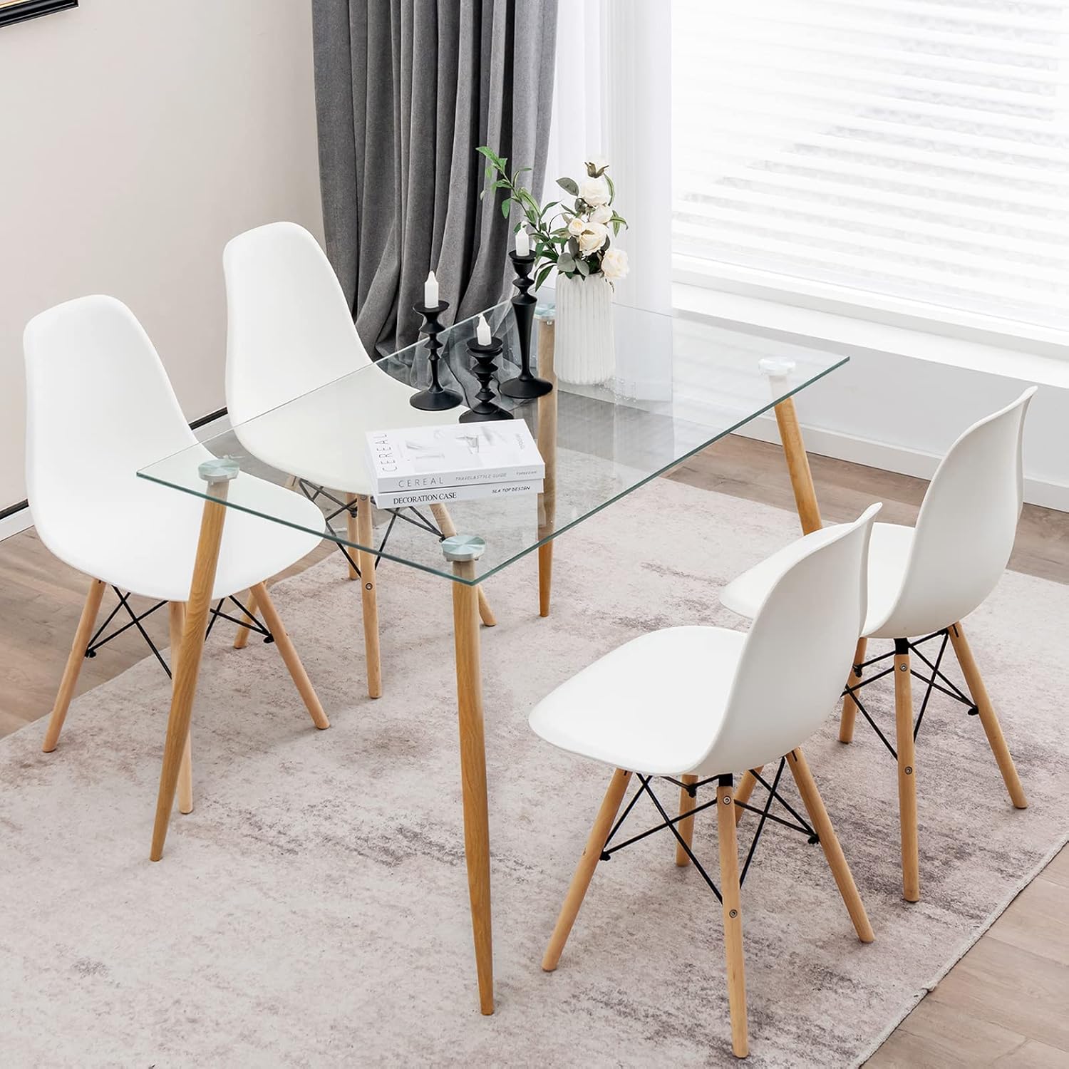 Tangkula Dining Table Set for 4, Modern Kitchen Table and Chairs, Glass Table and Chairs Set of 4 for Small Living Room, Kitchen