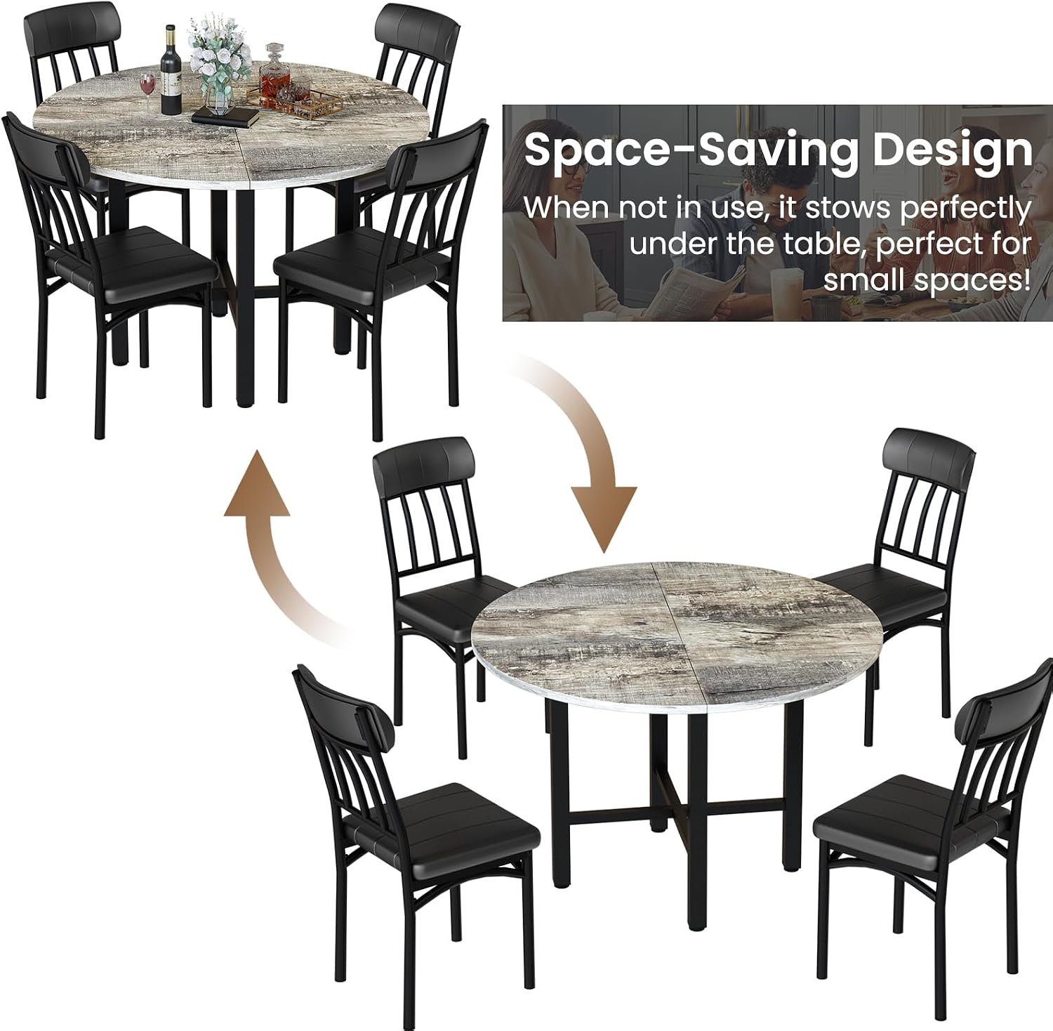 AWQM Round Dining Table Set for 4, Wood Circle Kitchen Table and Chairs Set for 4, Modern Dining Room Sets with 4 Faux Leather Chairs, Round Dinner Table for Small Space, Grey