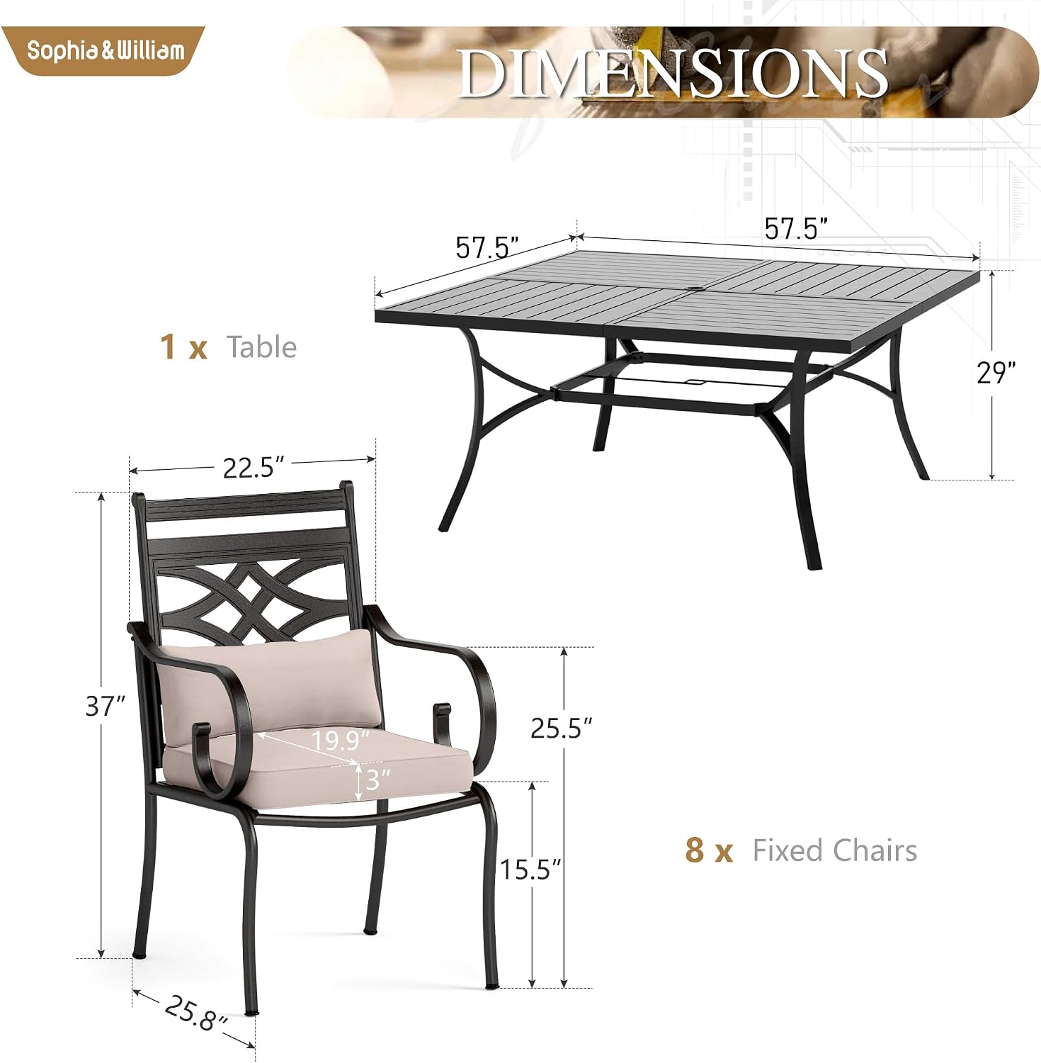 Sophia and William Outdoor Patio Dining Set for 8, Outdoor Table and Chairs, Removable Seat Cushions, 57.5' Square Black Patio Dining Table