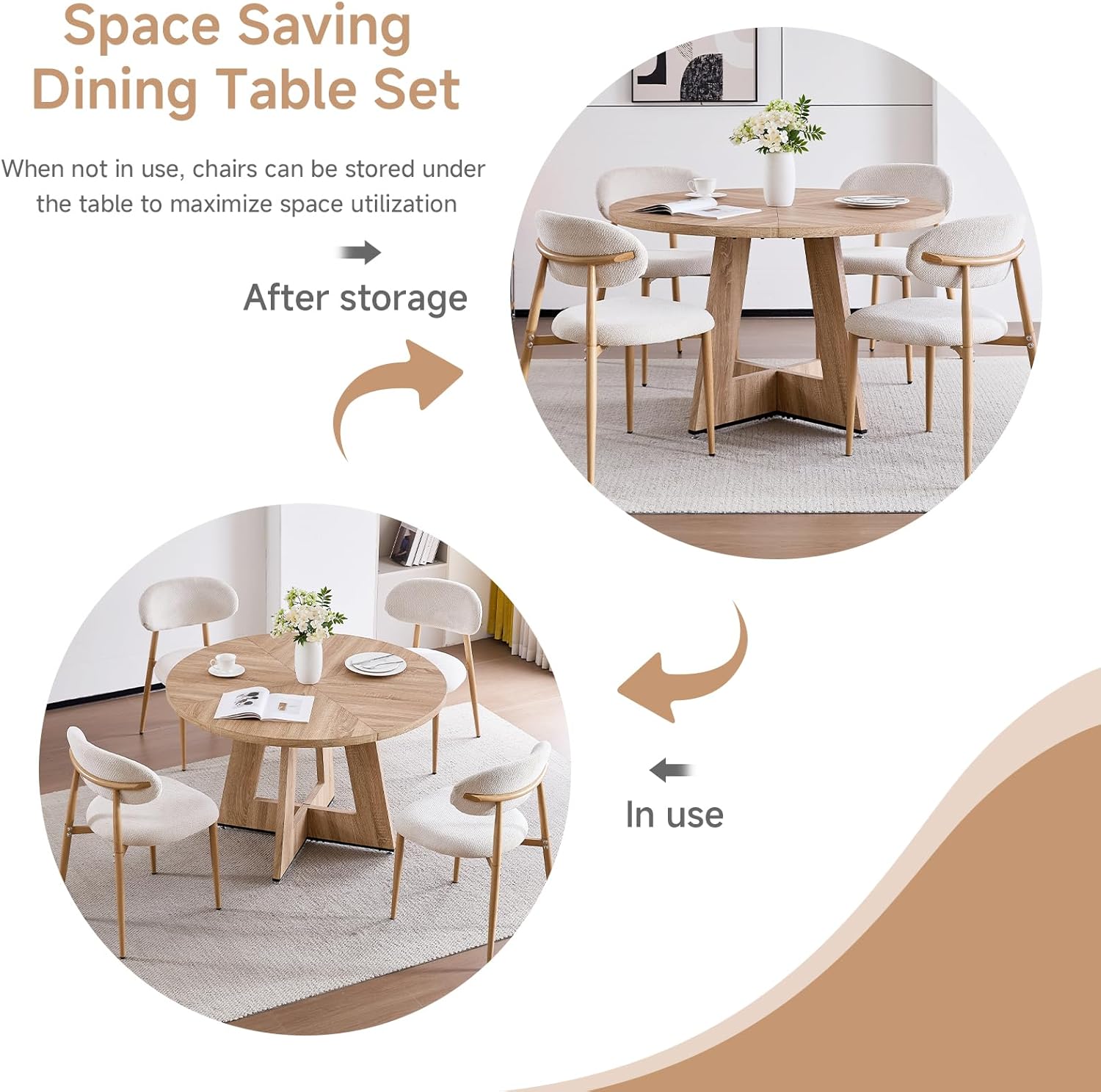 47' Round Dining Table Set for 4 with Chairs Circle Kitchen Table and Chairs Set Mid-Century Modern Chair with Metal Legs for Apartment Living Room(1 Natural Table + 4 Beige Chairs)