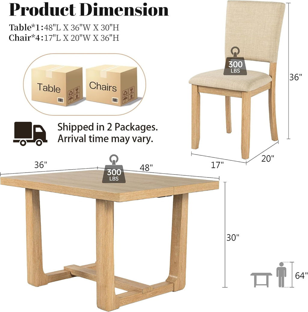 leovanni Rectangle Dining Table Set of 4, 48' Rectangle Kitchen Table and Upholstered Chairs Set for Kitchen, Dining Room, Apartment, Natural