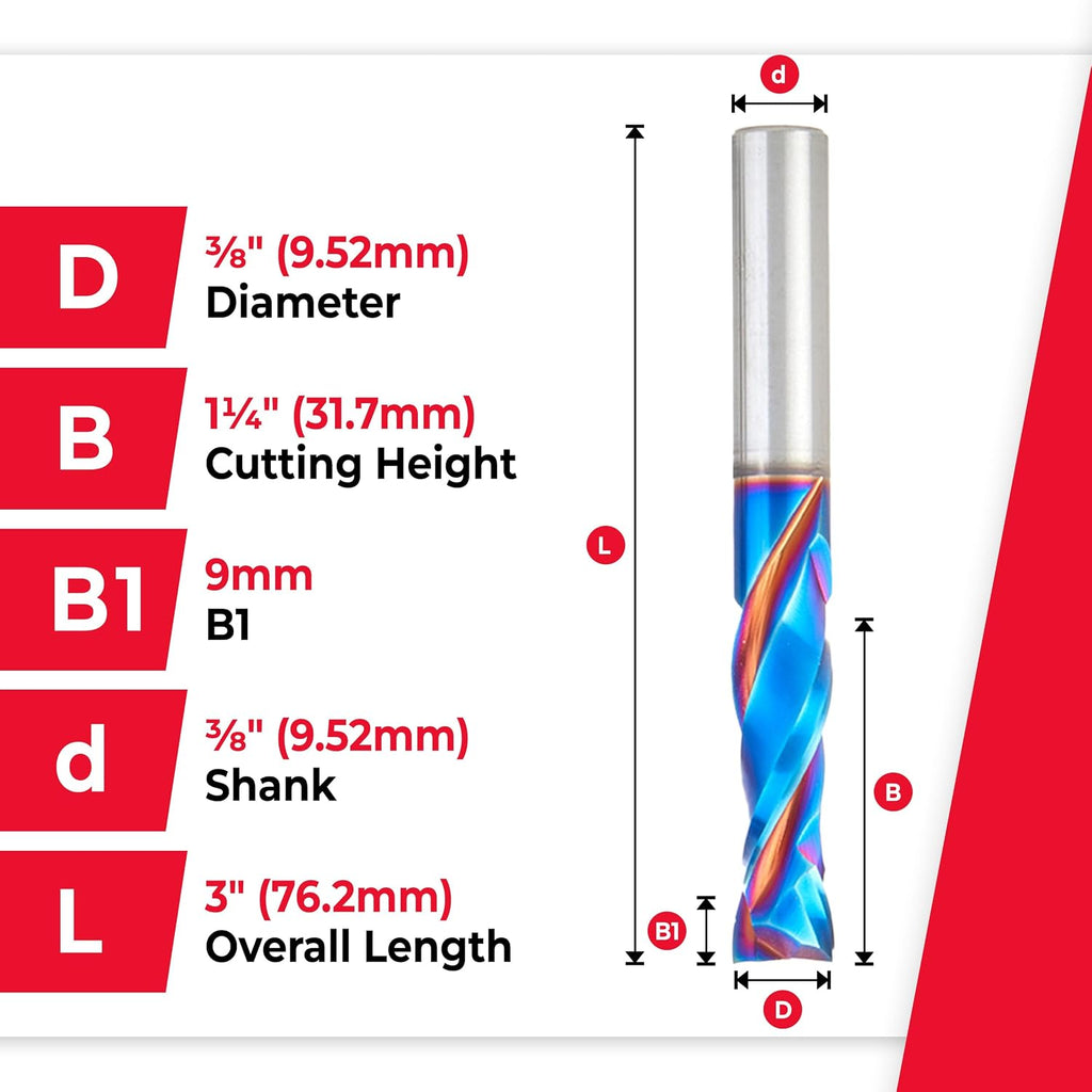 Amana Tool Spektra Extreme Tool Life Solid Carbide CNC Compression Spiral Router Bit, 46172-K-5 5-Pack, 3/8 D x 1-1/4 CH x 3/8 Shk x 3 Inch L 2 Flute