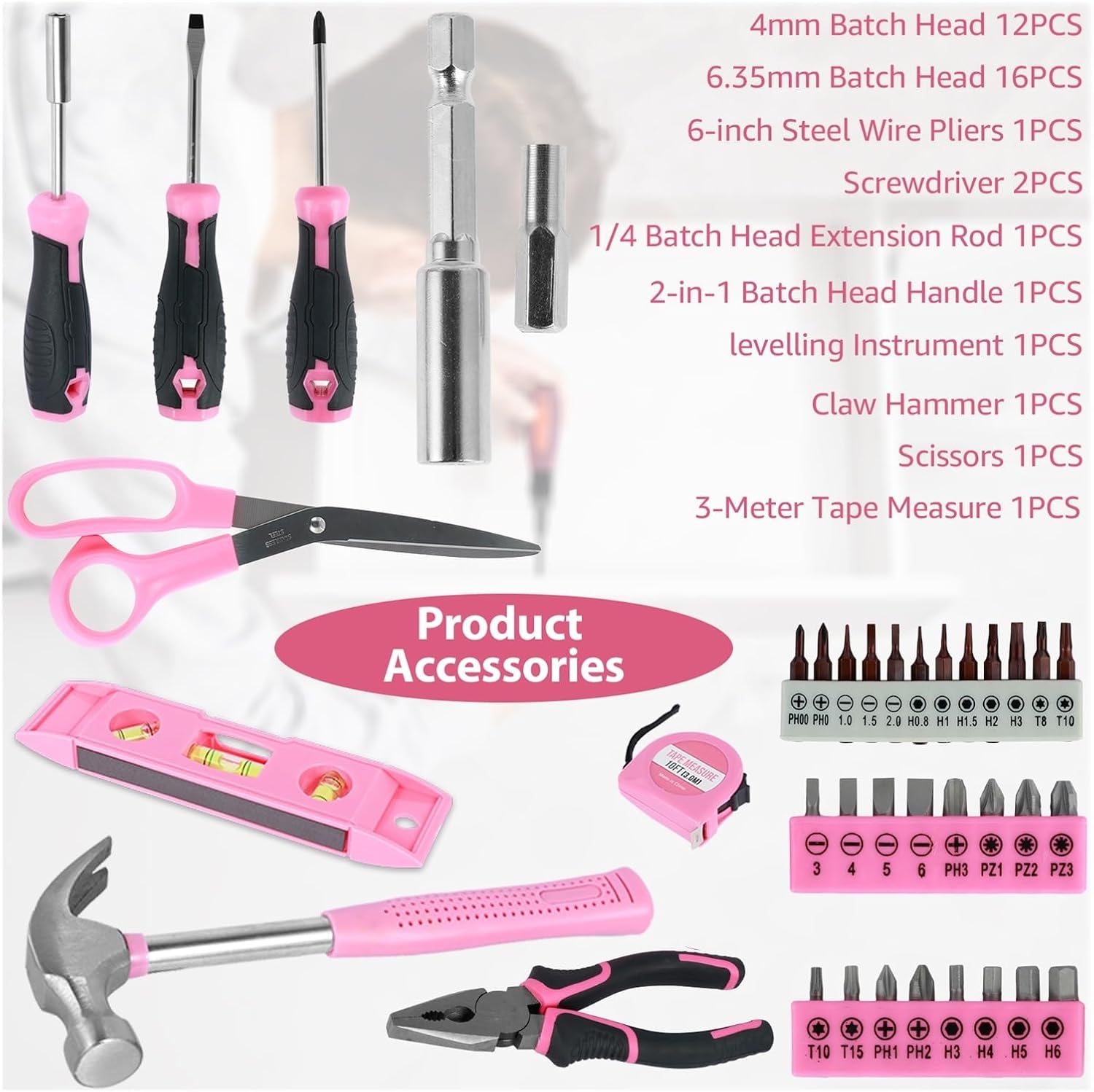 37/13Pcs Household Repair Tool Kit Multipurpose Home Hand Tool Set with Storage Case Pink Hammer Screwdriver Set Measuring Tool (Color : 37PCS as show)