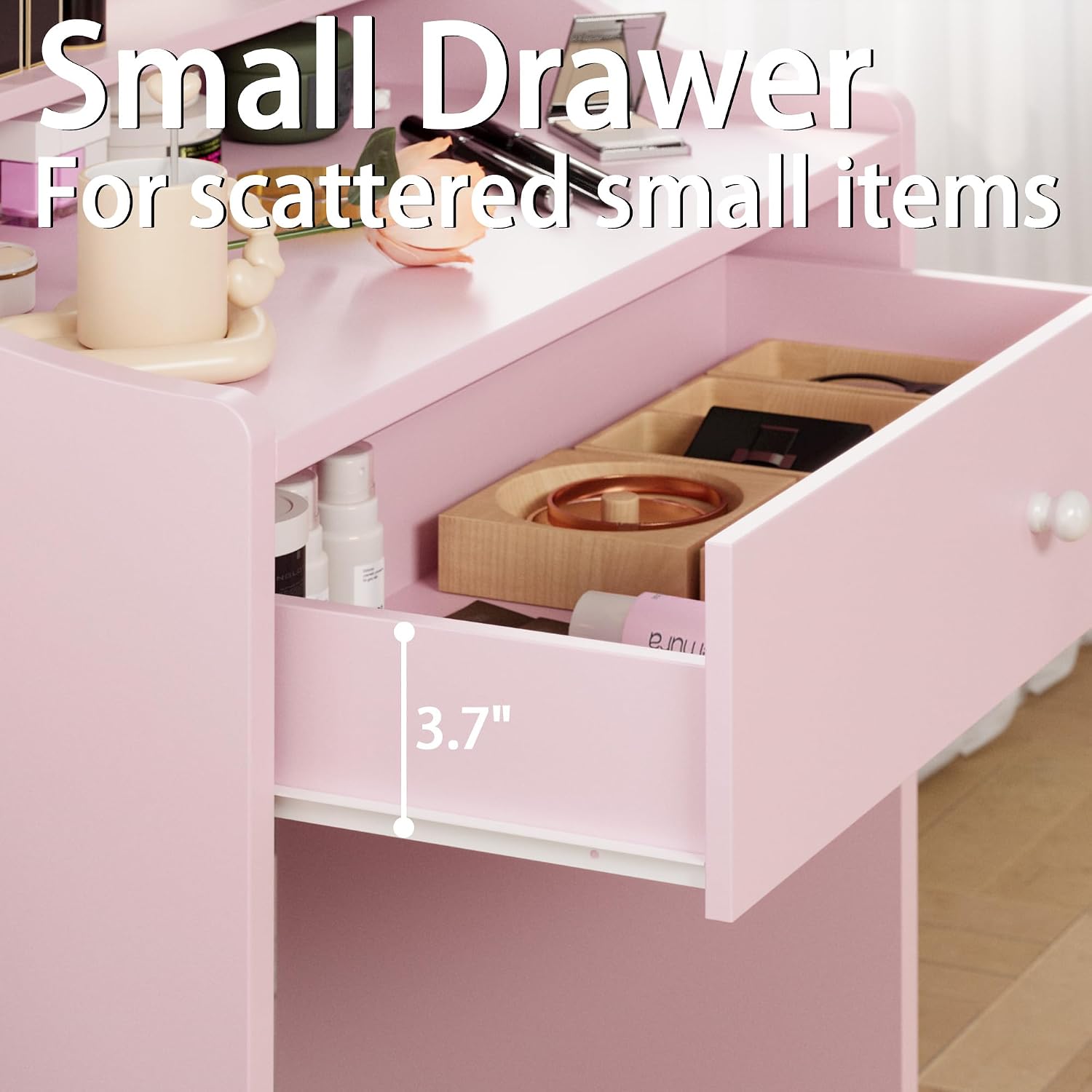 LIKIMIO Small Makeup Vanity Desk with Mirror and Lights, Vanity Table Set with Storage Drawer, Chair and Three Shelves, Bedroom, Pink