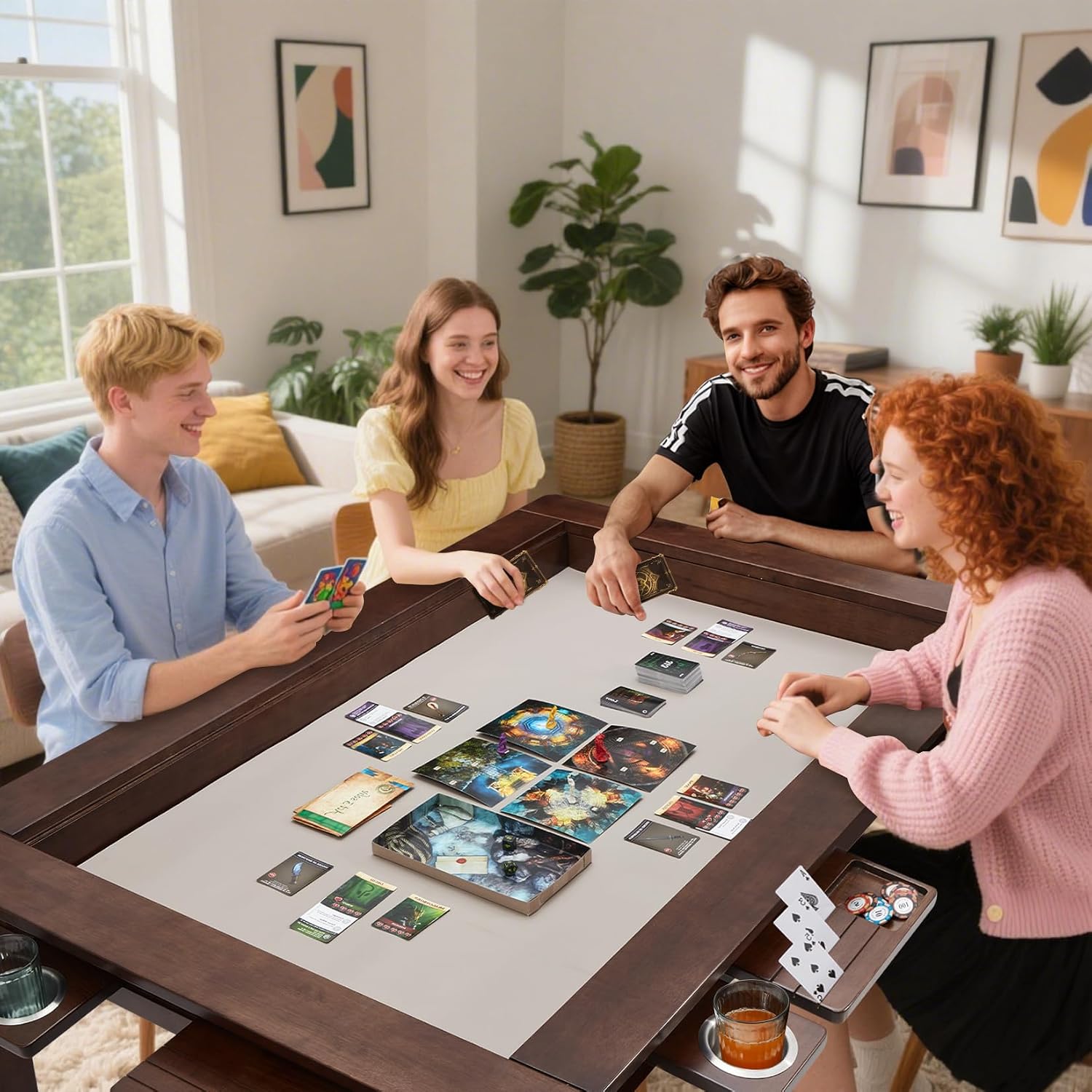 Haddockway 63' ×39' Board Game Table with Removable Top, Solid Wood Dining/Gaming Table for 4-6 Players with Play Mat, 6 Detachable Cup Holders & 6 Hobby Trays (Warm Walnut)