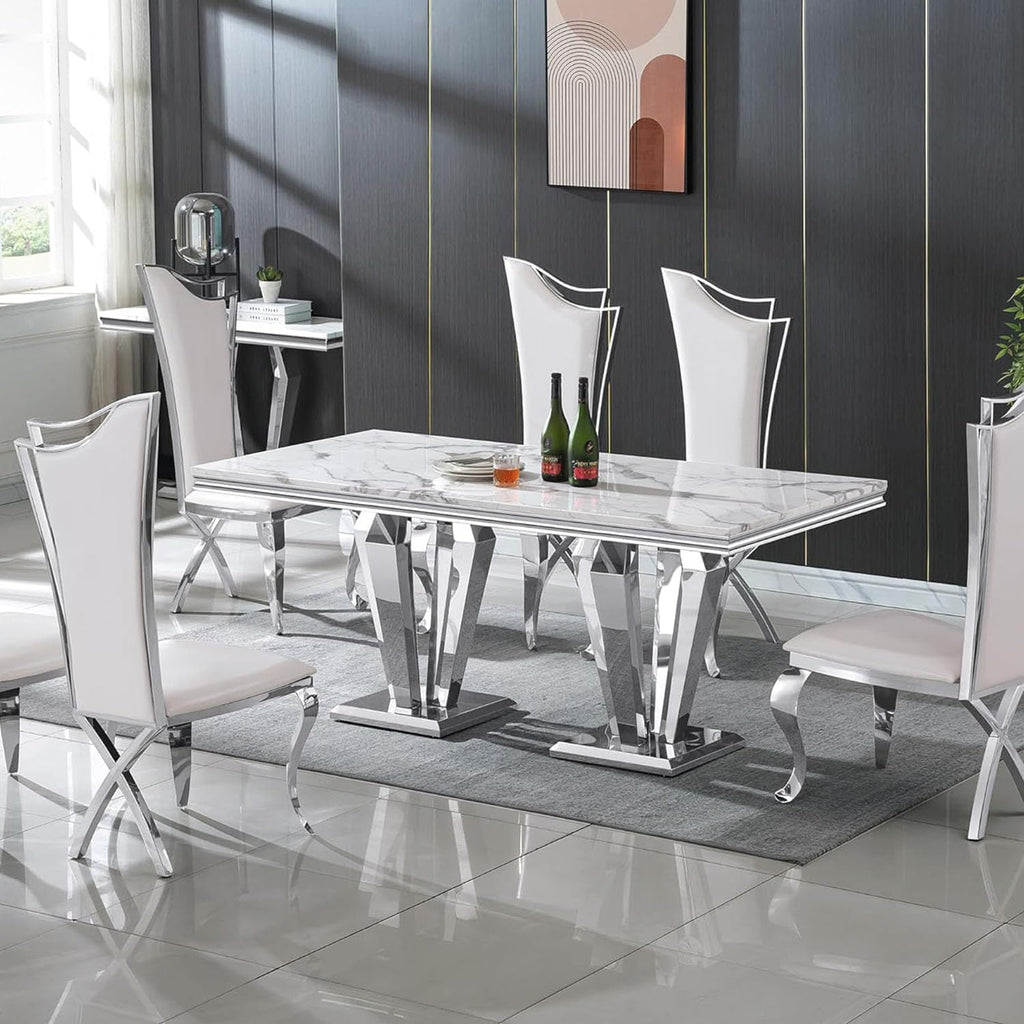 68' White Marble Dining Table for 6-8, Mid Century Modern Dining Table with Faux Marble Top & Mirrored Dimaond Shape Stainless Steel Base, Large Luxury Rectangular Dinner Table for Kitchen Dining Room