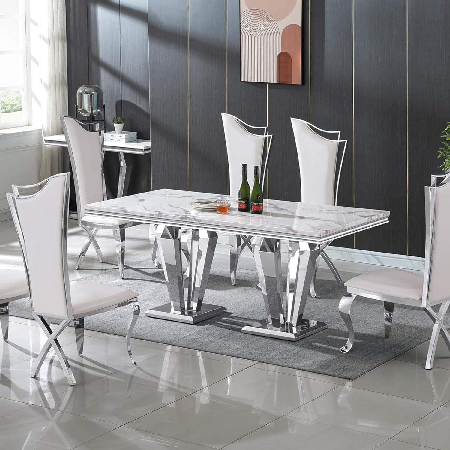 68' White Marble Dining Table for 6-8, Mid Century Modern Dining Table with Faux Marble Top & Mirrored Dimaond Shape Stainless Steel Base, Large Luxury Rectangular Dinner Table for Kitchen Dining Room
