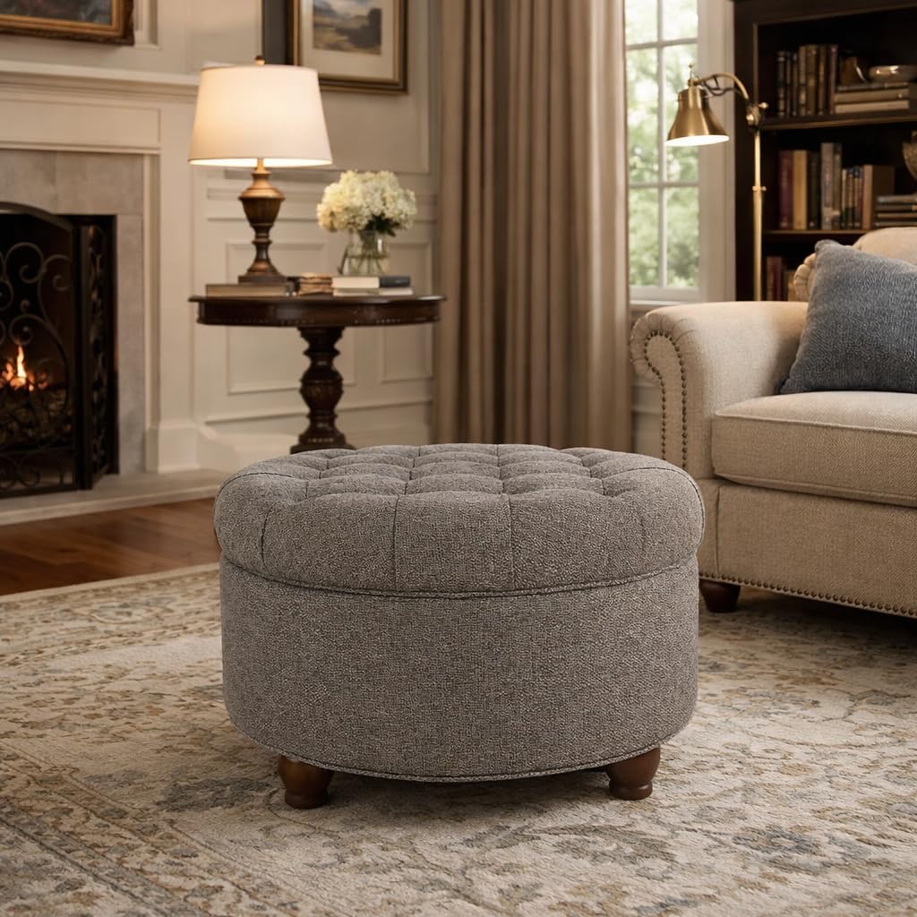 Homepop Home Decor | Button Tufted Woven Round Storage Ottoman | Ottoman with Storage for Living Room & Bedroom (Dark Gray)