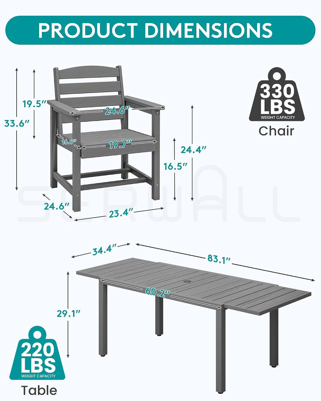 SERWALL 9-Piece Outdoor Dining Set, 60' - 83' Expandable Outdoor Dining Table and 8 HDPE Chairs, All Weather HDPE Outdoor Furniture Set for Backyard, Garden, Grey