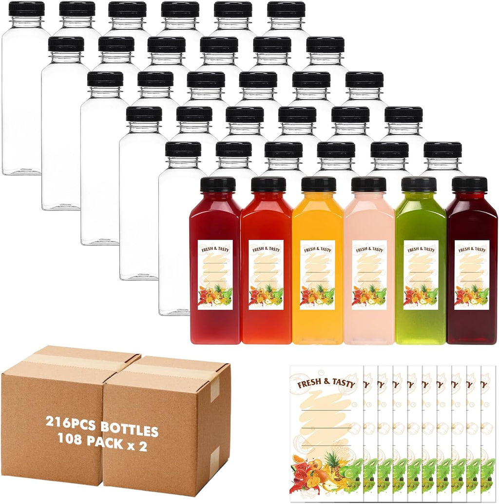 BAKHUK 216pcs 16oz Empty Plastic Juice Bottles with Caps, Plastic Water Bottles with Lids, Reusable Clear Bulk Beverage Containers for Juice, Milk and Other Beverages(2 Package)