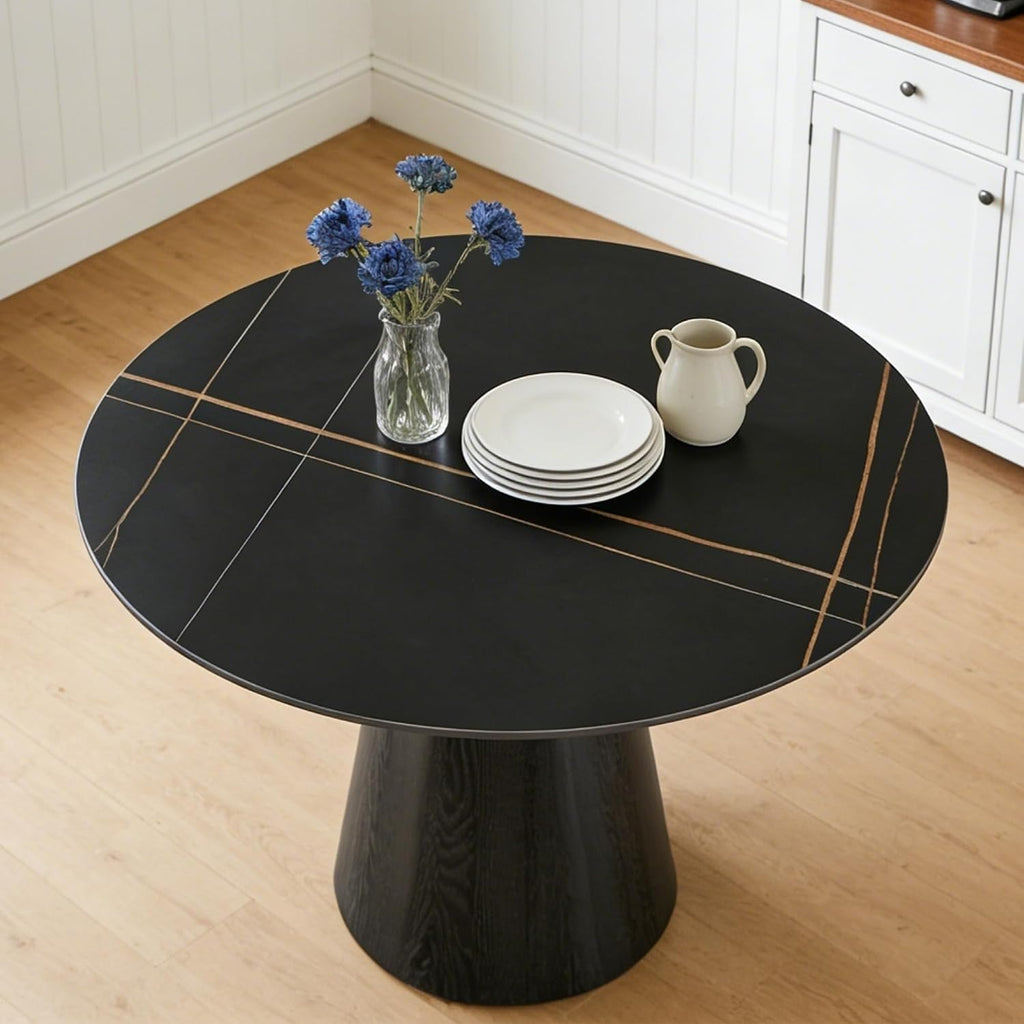 Faux Marble Round Dining Table for 4-6, 42' Modern Round Kitchen Table with Sintered Stone Top and Wood Stable Pedestal for Apartment,Restaurant,Small Space (Black