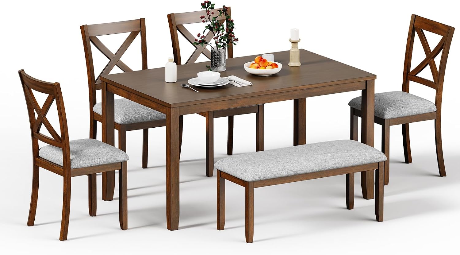 Zevemomo 6-Piece Wooden Dining Table Set, Dining Table Set for 6, Including 1 Dining Table, 4 Upholstered Chairs and 1 Bench, Wooden Legs Dining Table, Table Set for Dining Room & Kitchen, Walnut