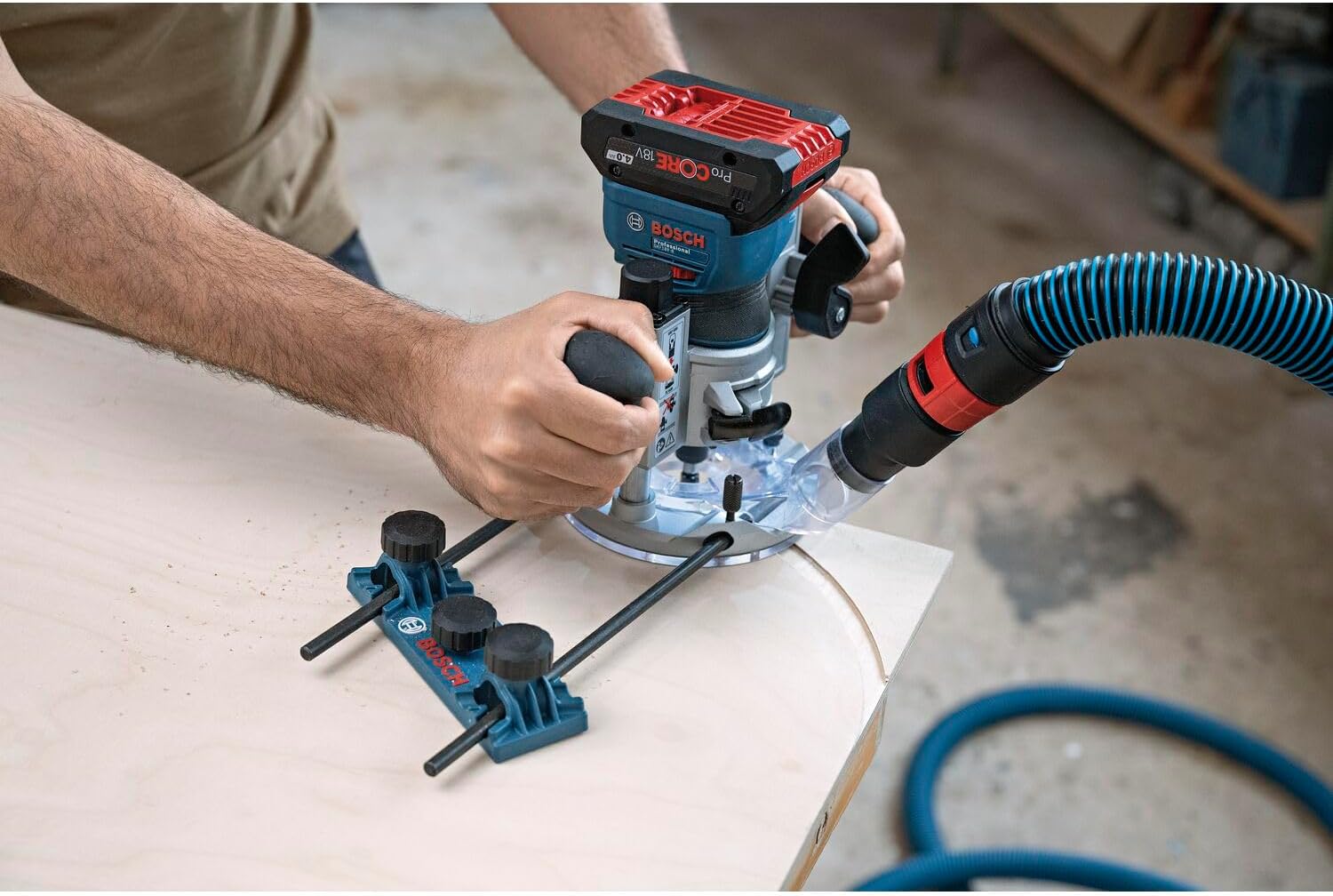 Bosch Professional 18V System Cordless Router GKF 18V-8 (incl. Parallel Guide, 2X Routing vac adaptors, Chip Shield, 8mm Collet, Wrench, Without Battery/Charger)