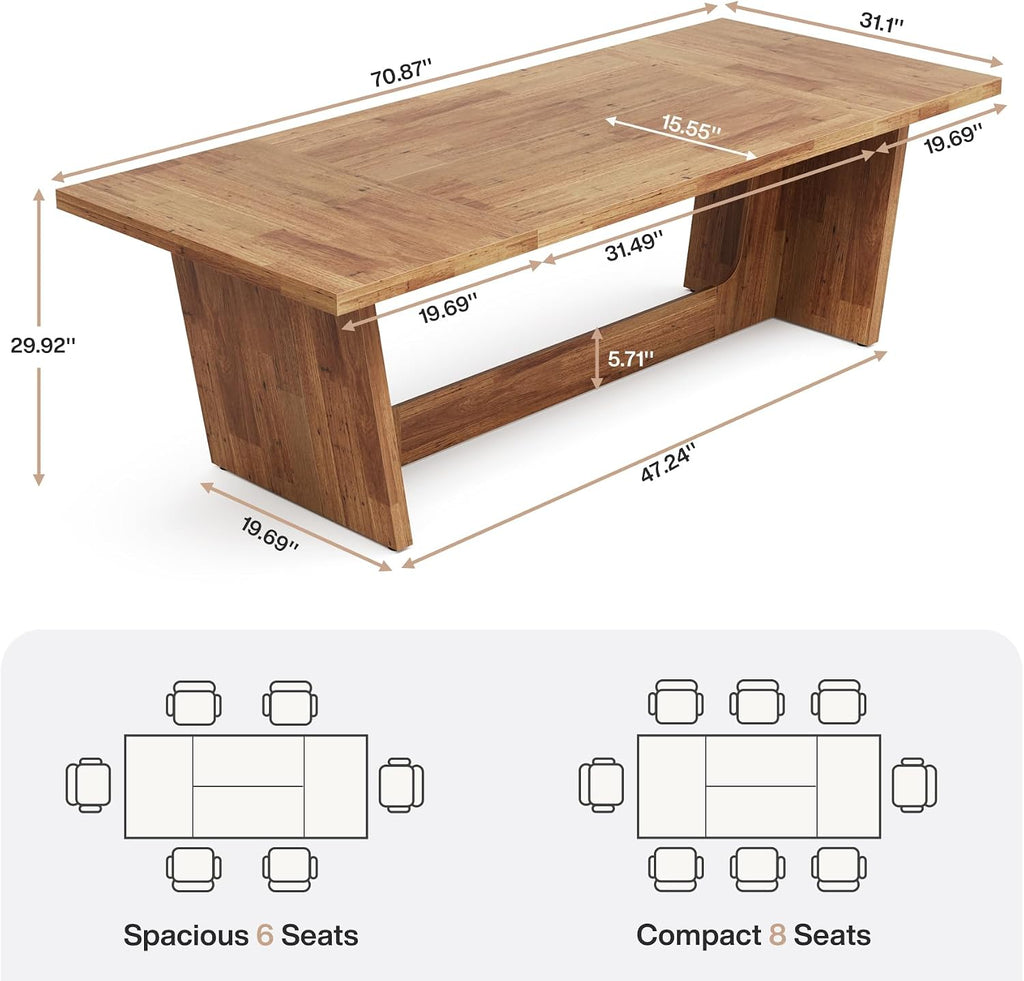 Tribesigns 70.87-Inch Large Dining Table: Wood Long Dining Room Table for 6-8, Rectangular Farmhouse Kitchen Dinner Table with Solid Pedestal, Yellow Brown
