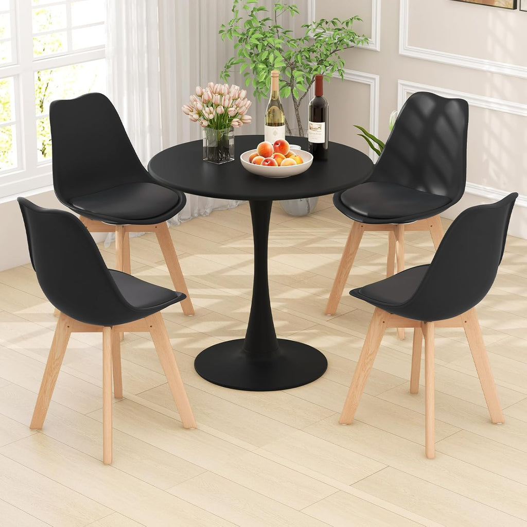 Tangkula Round Dining Table Set for 4, Kitchen Table Set with Padded Seat & Solid Wood Legs, Round Kitchen Table and Chairs for Small Space, Black (Black)