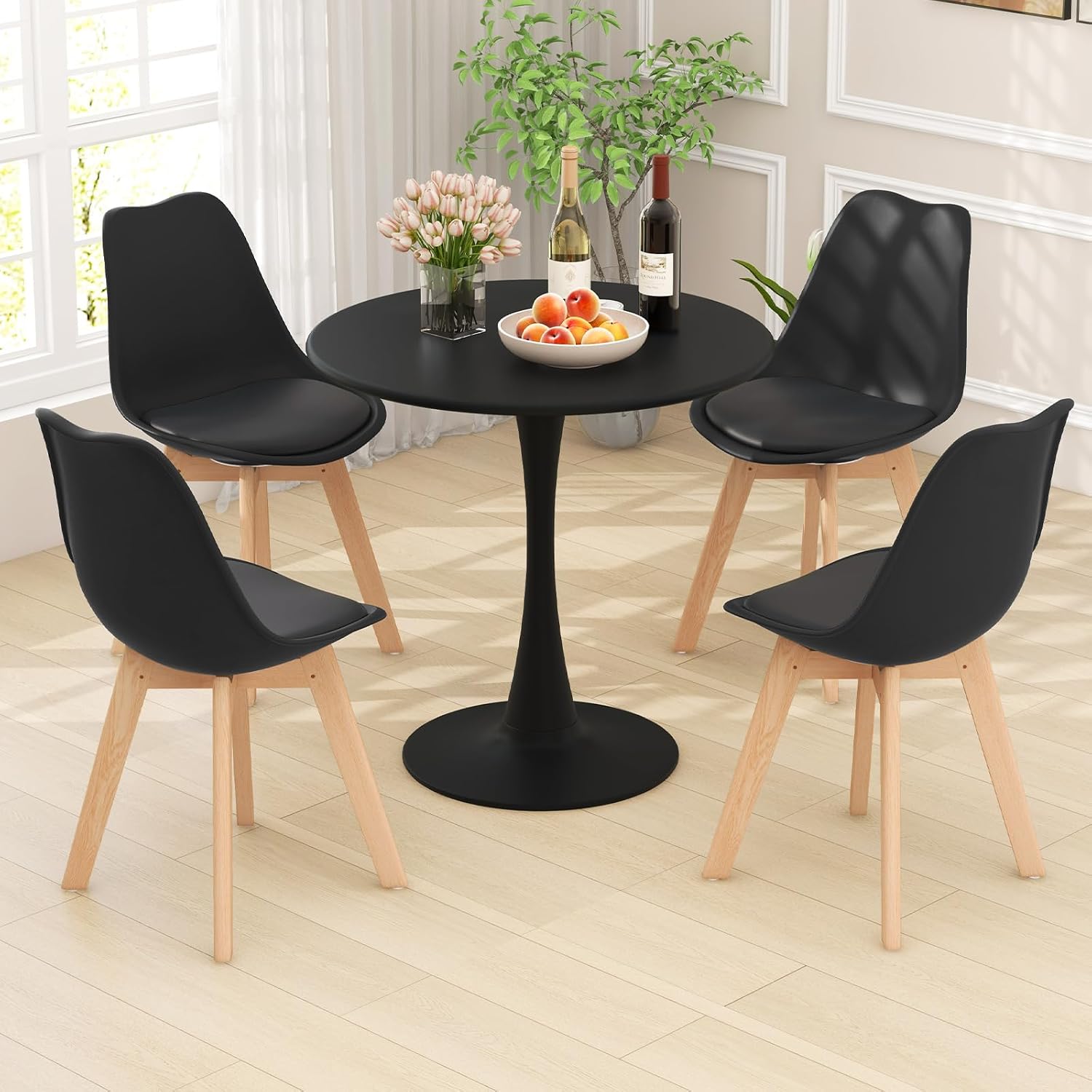 Tangkula Round Dining Table Set for 4, Kitchen Table Set with Padded Seat & Solid Wood Legs, Round Kitchen Table and Chairs for Small Space, Black (Black)
