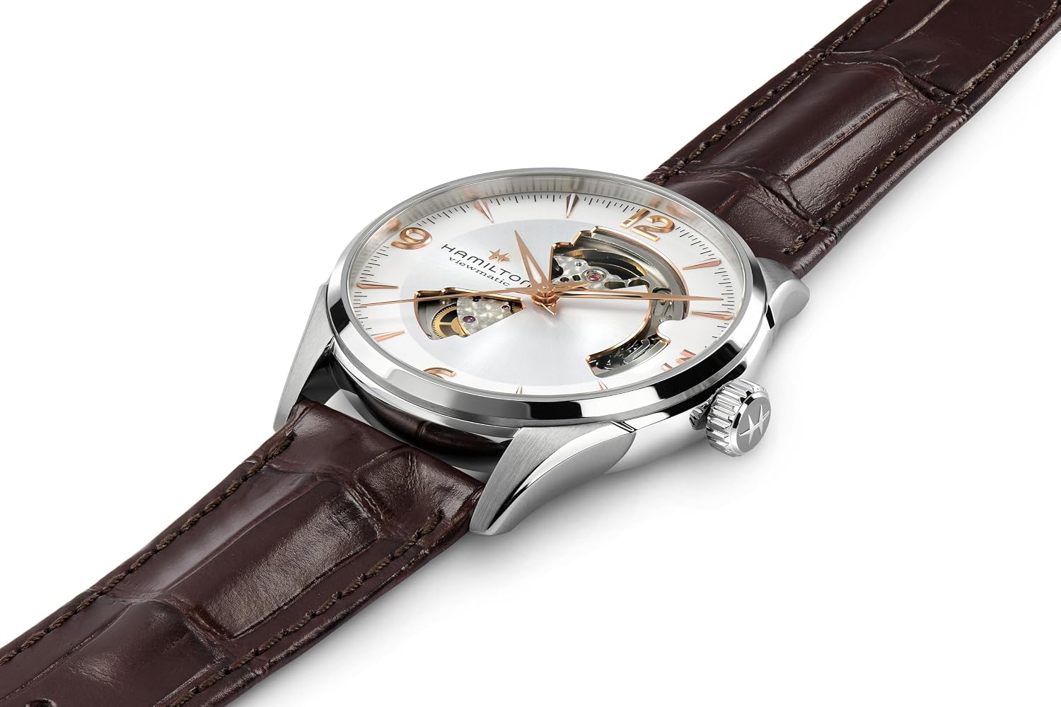 Hamilton Jazzmaster Open Heart Automatic Men's Watch, 42mm Stainless Steel Case, Swiss Made, Silver Dial Analog Wrist Watch, 50m Waterproof, Sapphire Crystal, 3-Hand Movement, Calf Leather Strap