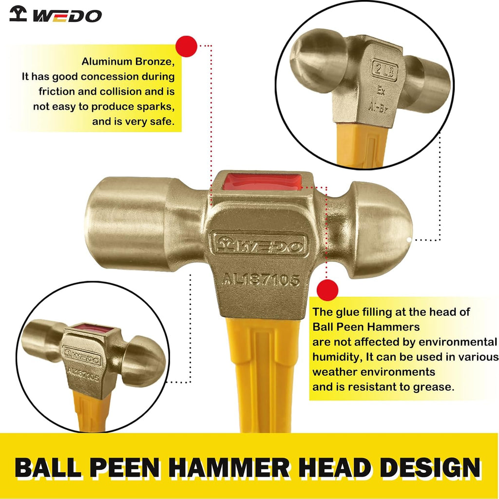 WEDO 32oz(910g) Ball Peen Hammer,Ball Pein Hammer with Fiberglass Handle,Length 365mm(14'),Aluminum Bronze, Die-Forged, Corrosion Resistant, DIN Standard