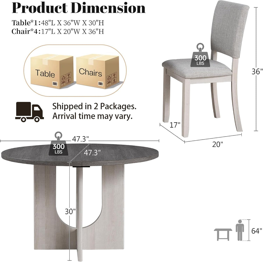 leovanni Round Dining Table Set for 4, Kitchen Table with 4 Upholstered Chairs, 5-Piece Wood Dining Table and Chairs Set for Kitchen, Dining Room, Living Room, Gray
