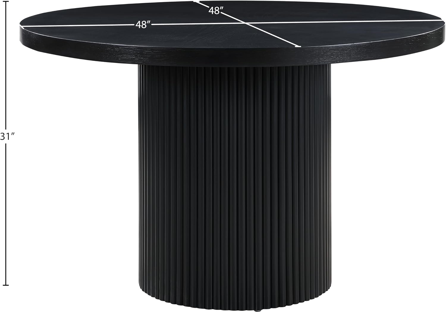 Meridian Furniture 728Black-T Belinda Collection Mid-Century Modern Dining Table, Solid Wood Base, Black Finish Oak Wood Veneer MDF Top, Round Top, Fluted Base, 48' W x 48' D x 31' H, Black