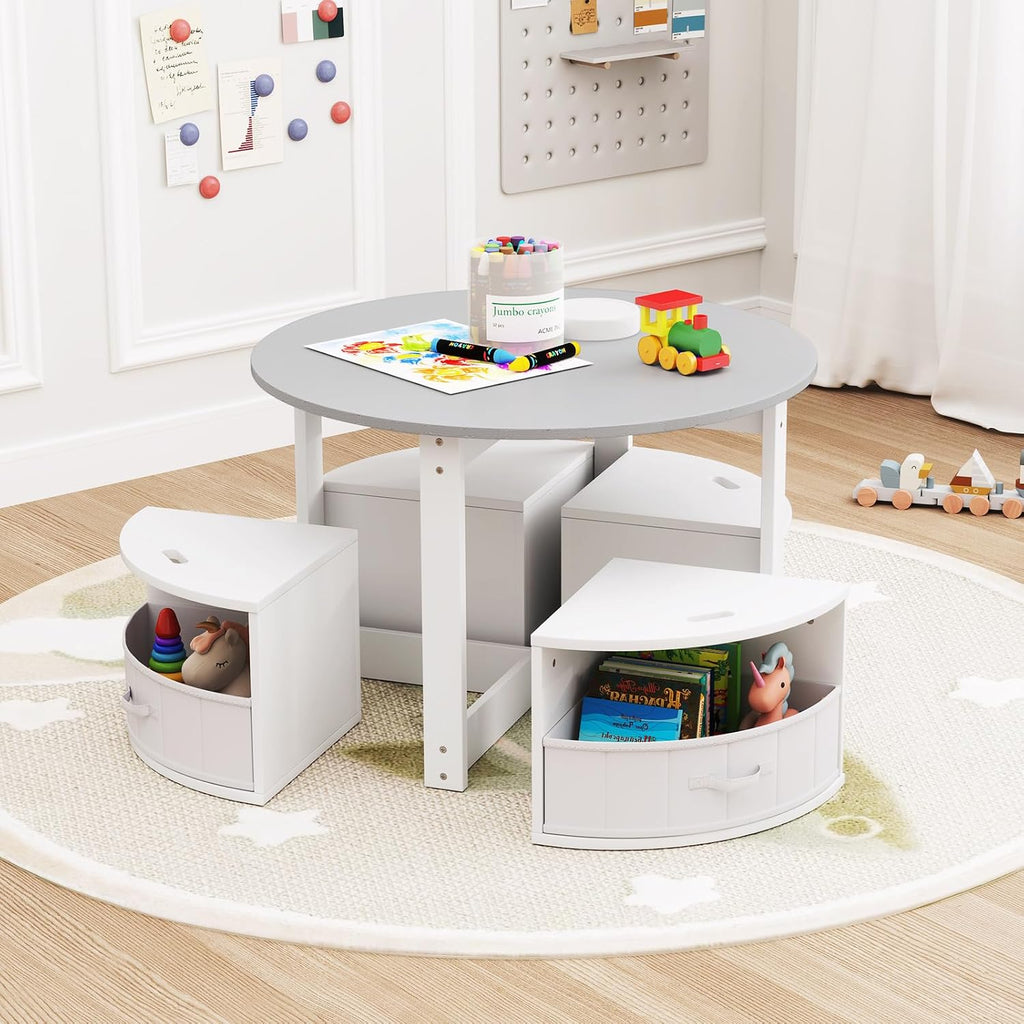 HONEY JOY Kids Table and Chair Set, Children Activity Play Table with 4 Storage Stools for Art Craft, Nesting Design Toddler Table and Chair Set for Playroom, Daycare, Gift for Boys Girls (Grey)
