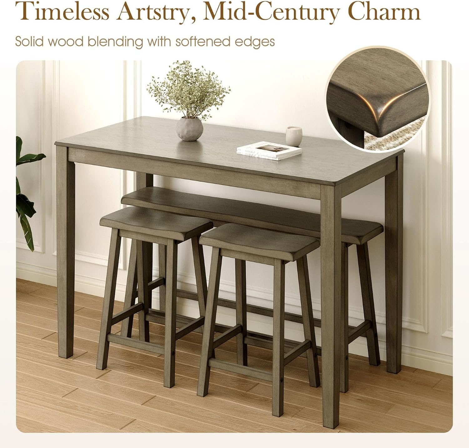 Sophia & William Dining Table Set for 4, Counter Height Table and Chairs, Kitchen Table Set with Bench and 2 Chairs, Small Breakfast Bar Dining Set, Smoky Brown