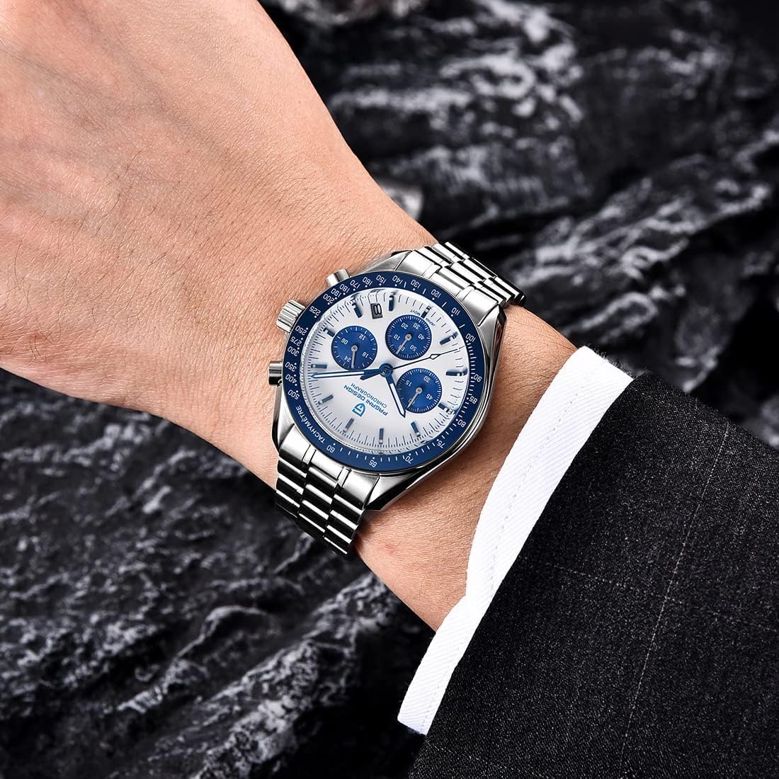 Pagani Design 1701 Men's Watch, Chronograph, VK63 Japanese Quartz Movement, Stainless Steel Bracelet, Water Resistant to 330 Feet (100 Meters), Sapphire Glass Wristwatch.