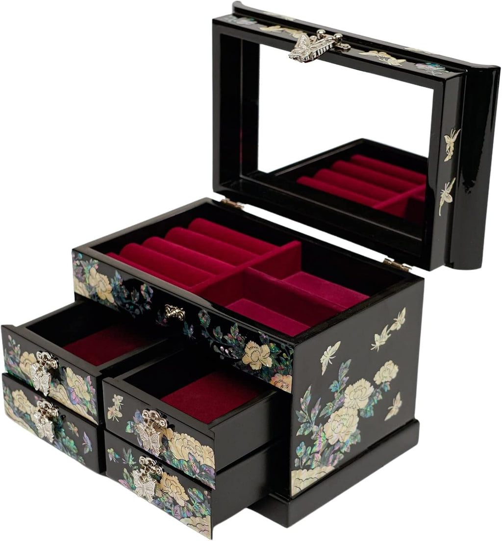February Mountain Mother of Pearl Jewelry Box with Traditional Mother of Pearl Inlay - Elegant Floral and Butterfly Design for Her