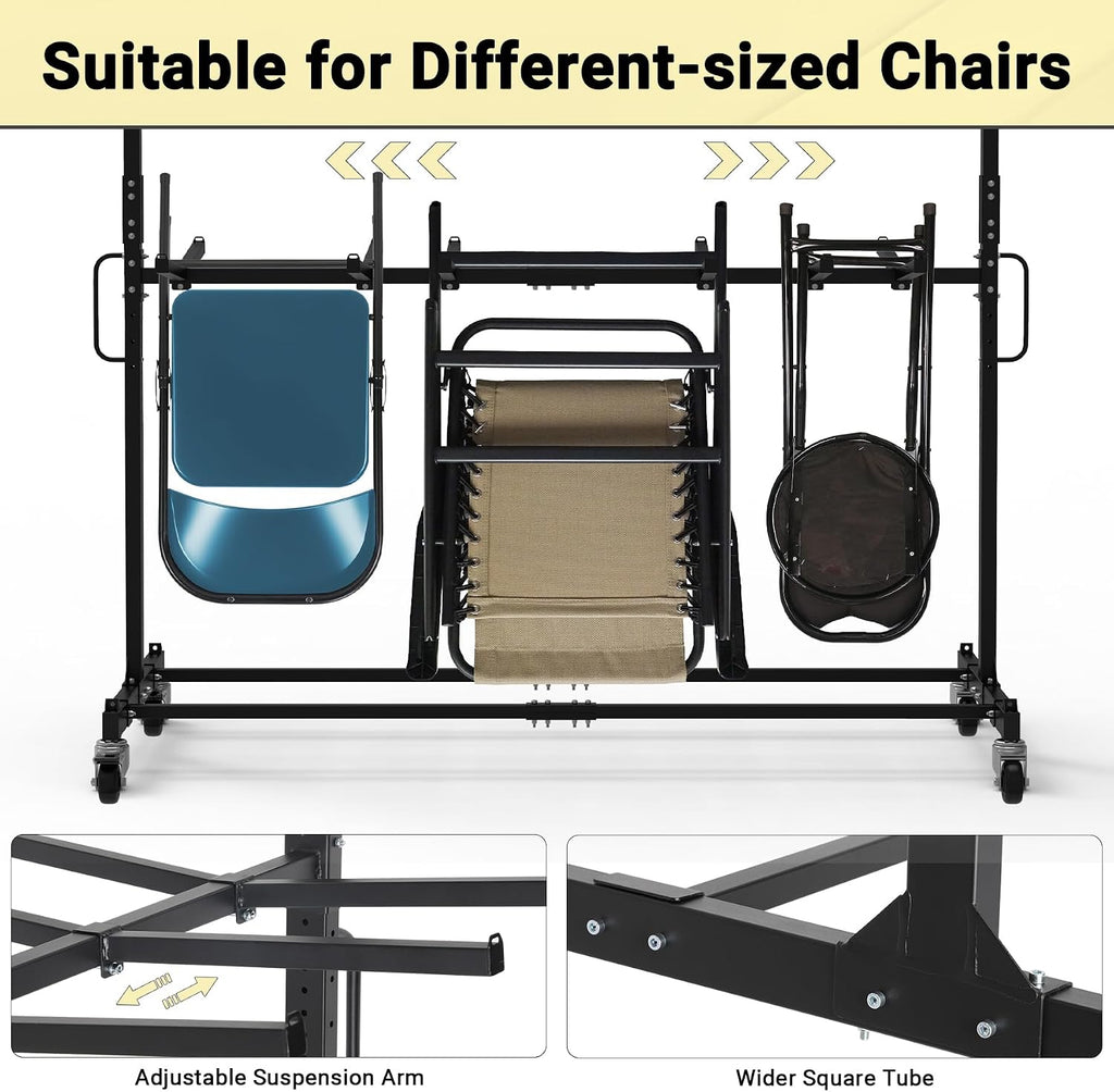 Updated Folding Chair Rack, Heavy-Duty Folding Chair Cart w/ 4 Swivel Wheels, Holds 12 Tables or 84 Chairs, Up to 1000 LBS Capacity, 2 Binding Ropes, 1 Dust Cover, 72'L x 33'W x 74'H, Black