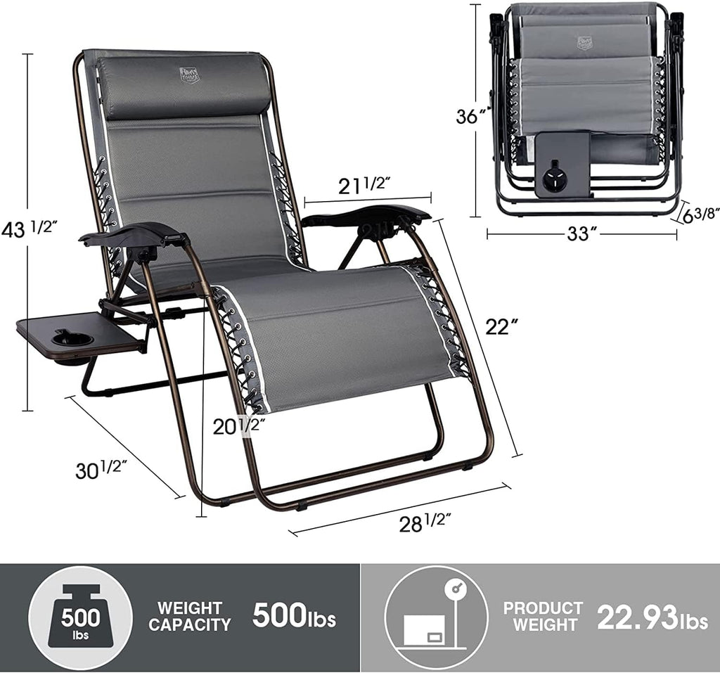 Timber Ridge Oversized Zero Gravity Chair, 33In Wide XXL Zero Gravity Reclining Chair with Side Table, Full Padded Lounge Chair for Outdoor Camping Patio Lawn, Heavy Duty Supports 500lbs, Grey-2 Pack