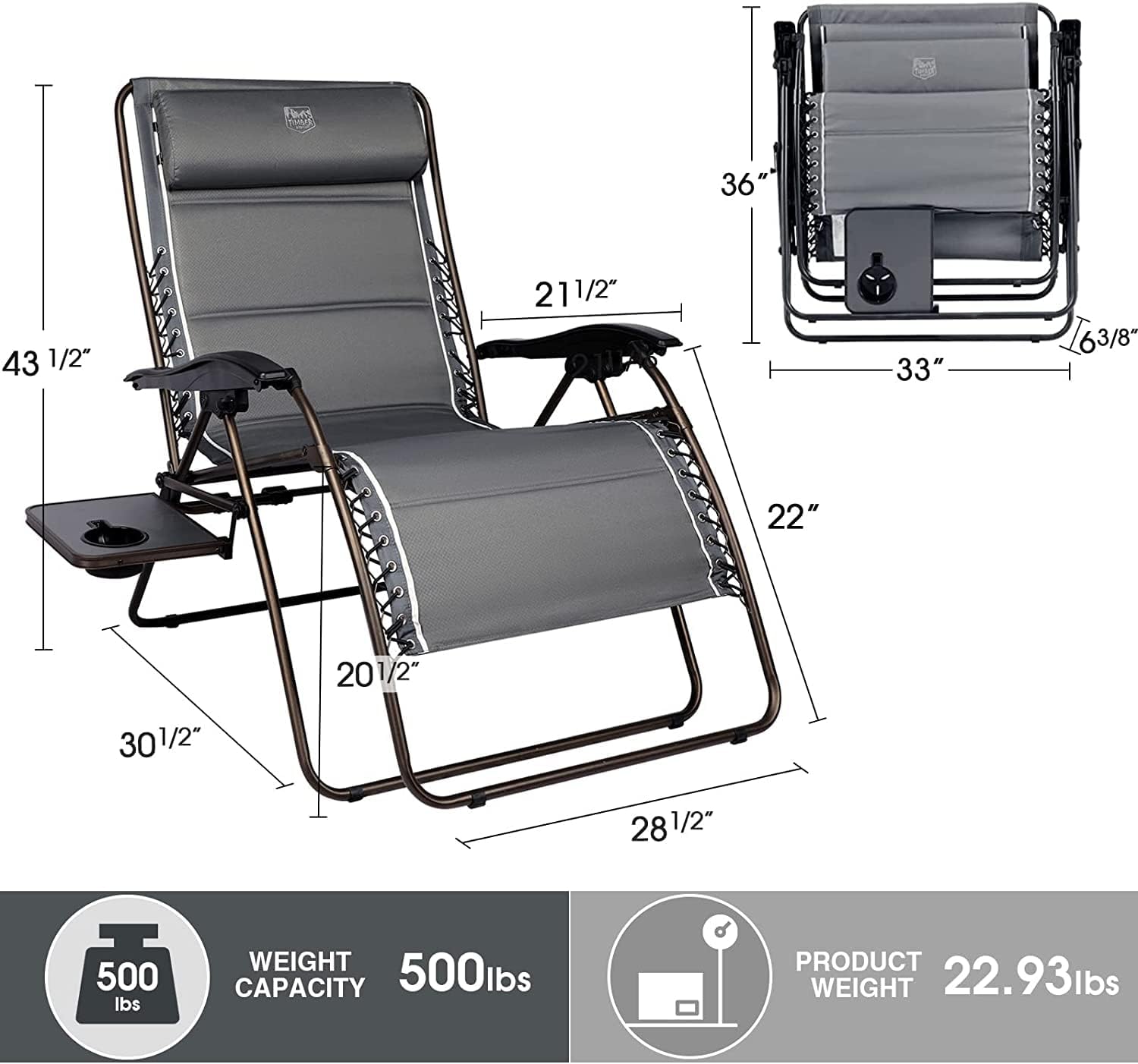Timber Ridge Oversized Zero Gravity Chair, 33In Wide XXL Zero Gravity Reclining Chair with Side Table, Full Padded Lounge Chair for Outdoor Camping Patio Lawn, Heavy Duty Supports 500lbs, Grey-2 Pack