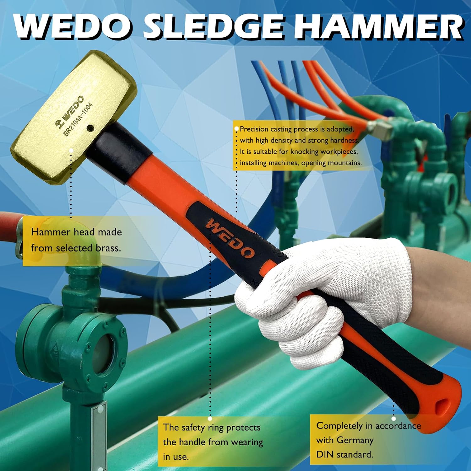 WEDO 2PCS Sledge Hammer,1lb+2lb,500g+1000g Brass Head,Shock Absorption Fiberglass Handle, Brass Hammer Set German Type,One-time Die-forged,Corrosion Resistant, DIN Standard