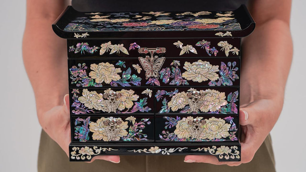 February Mountain Mother of Pearl Wooden Jewelry Organizer Box – Jewelry Storage Box for Women, Features Spacious Drawers, Ideal for Rings, Bracelets, Watches, Chains, Accessories (Colorful Flowers)