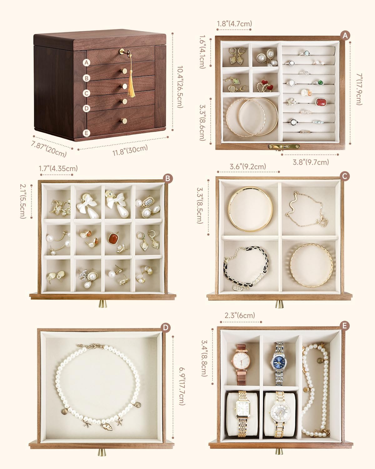 Black Walnut Wooden Jewelry Box Wood Jewelry Organizer with 2 Side Doors Mirror Lockable Classical Style for Watch Necklace Ring Earring Storage, Ideal Gift-5 Layer