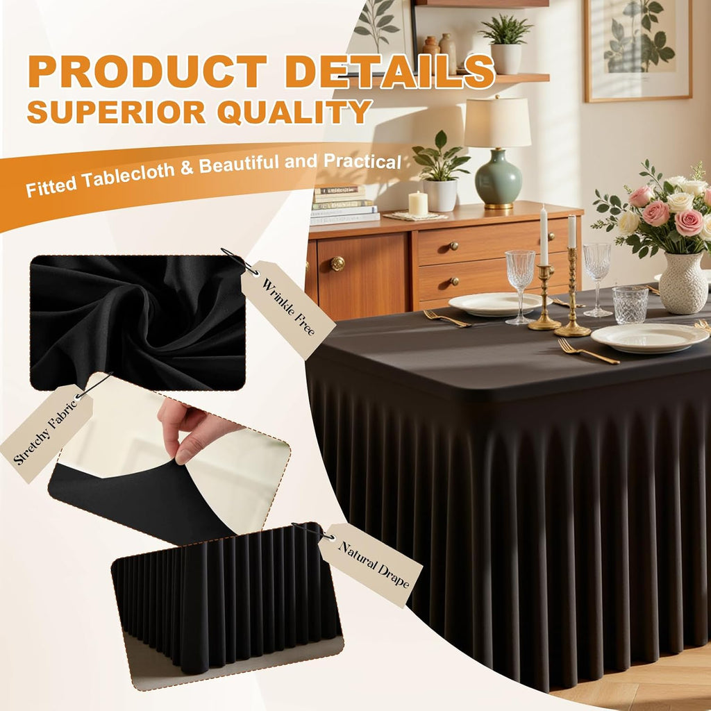 6 Pack Black Rectangle Tablecloth 72 Inch with Elastic Skirt - Wrinkle-Resistant Spandex Fitted 6FT Tables, Stretchable Table Cover for Wedding Banquet Birthday Party Buffet Restaurant