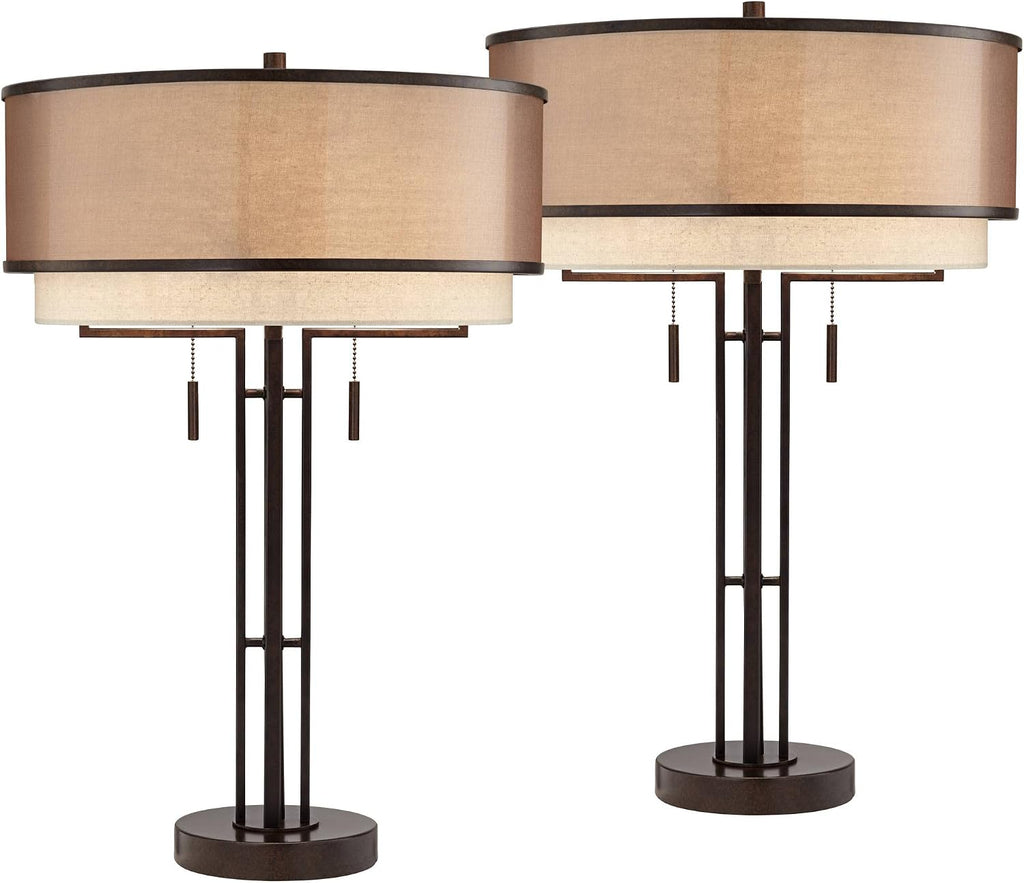 Franklin Iron Works Andes 27 1/2' Tall Industrial Rustic Modern Table Lamps Set of 2 Pull Chain Brown Oil Rubbed Bronze Finish Metal Double Shade Living Room Bedroom Bedside Nightstand House Office