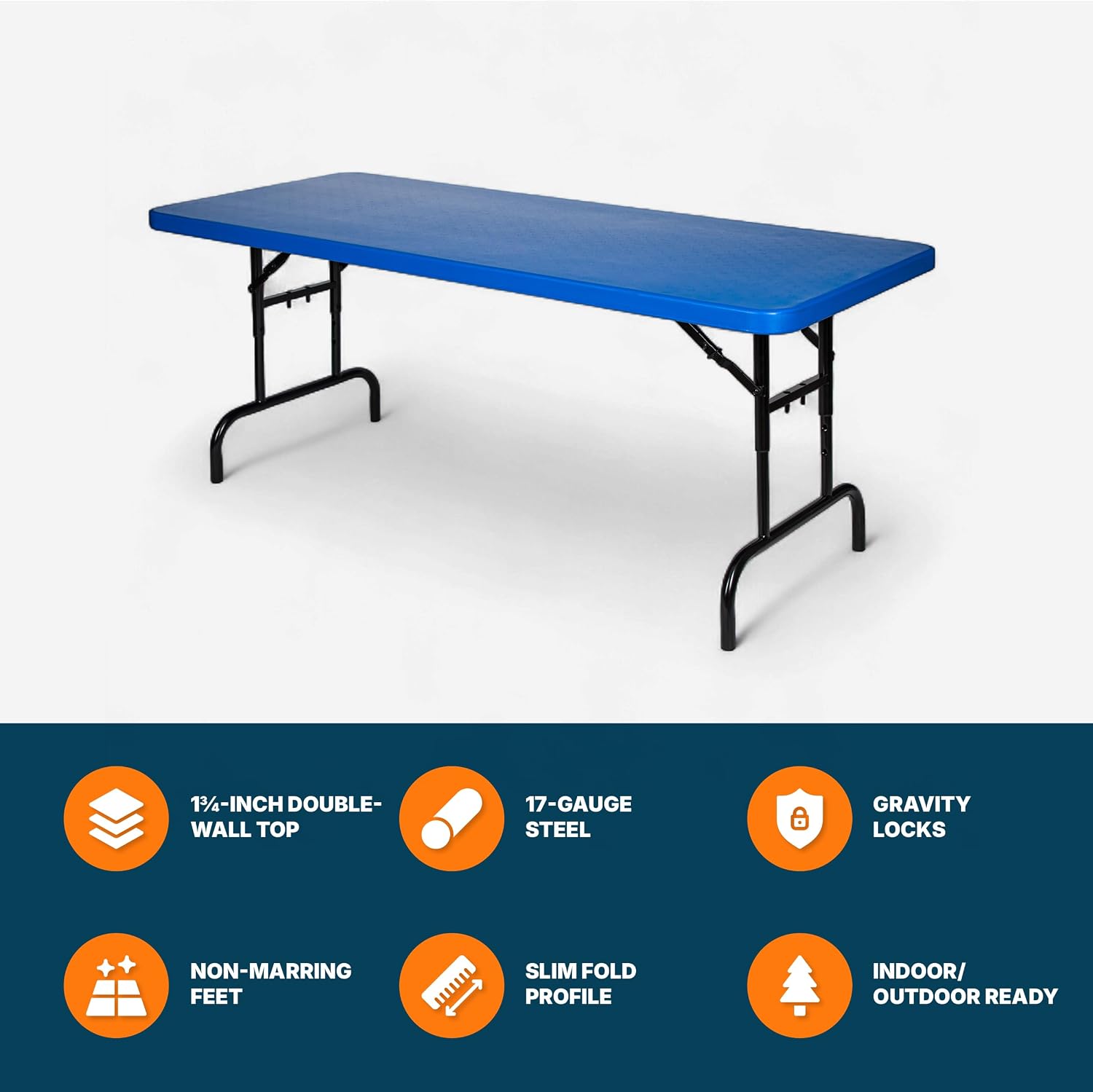 OEF Furnishings OEFBTA-3072-04 Adjustable-Height Commercial-Grade Premium Industrial Folding Table, 6-Foot Pedestal-Leg Design with 17-Gauge Steel Frame and Thick Double-Wall Top (72' × 30', Blue Top)