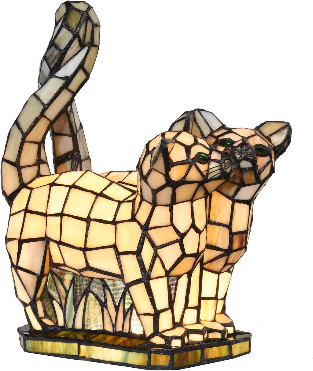 Bieye L10771 Cats in Love Tiffany Style Stained Glass Accent Table Lamp Night Light for Home Decoration (Two Cats, Yellow)