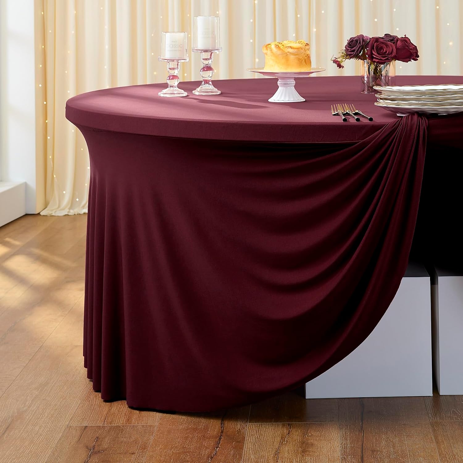Outpain 6 Pack Spandex Burgundy Round Tablecloths for 60in Tables, 120Inch Stretchy Fitted 5FT Round Table Clothes,Wrinkle Free Table Cover with Skirt for Wedding Party Dining Banquet