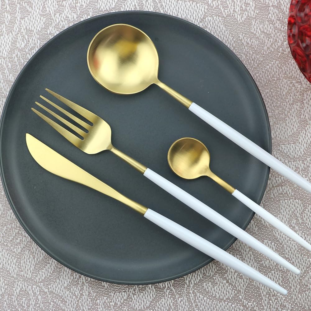 Silverware Flatware Cutlery Set, 4/16/24/32/40/48 Pieces Thick Stainless Steel Hammer Point Round Handle Cutlery Set Steak Knife, Fork and Spoon,Silver-1Set-4Pcs(Pink Gold-10Set50Pcs)