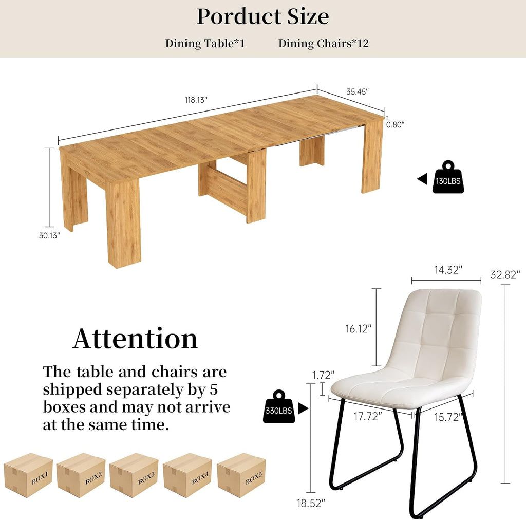 HIPIHOM 17.7'-118' Extendable Dining Table Set for 12, Extension Long Table Set with Extension Leaves Holder, Space-Saving for Meeting, Dining Room(Oak Table+10 U-Shaped White Chairs)