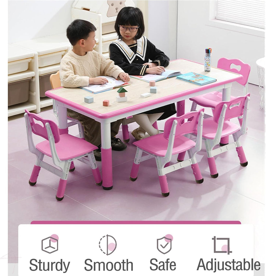 Garvee Kids Table and 6 Chair Set,47 in Modern Height Adjustable Toddler Table and 6 Chairs Set with Non-Slip Desk Legs&Organizer Graffiti Desktop, Preschool Activity Art Craft Tables for 6(Pink)