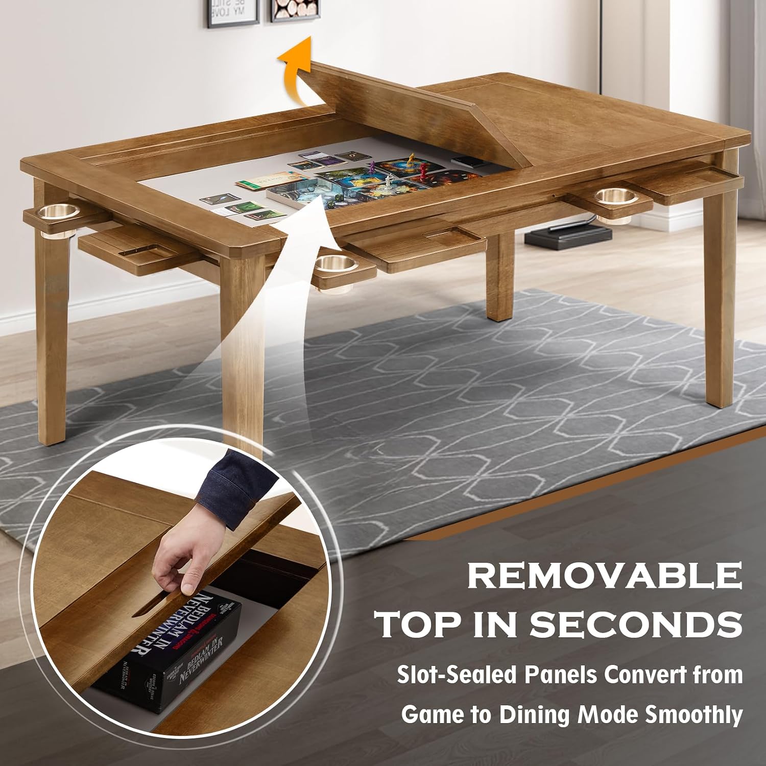 Haddockway 63' ×39' Board Game Table with Removable Top, Solid Wood Dining/Gaming Table for 4-6 Players with Play Mat, 6 Detachable Cup Holders & 6 Hobby Trays (Light Walnut)