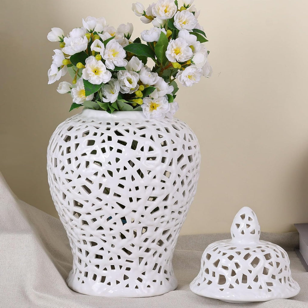 White Pierced Ginger Jar Vase with Lid - 15.7' Tall White Decorative Ceramic Jar for Home Decor, Centerpiece for Living Room, Dining Room, Entryway, or Office, Large White Vase for Flowers