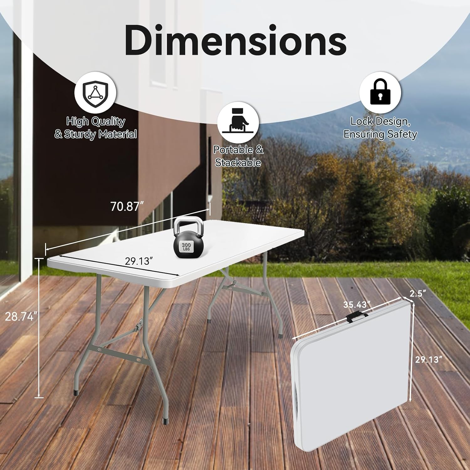 5 Pack of 6 Foot Foldable Table with Built in Handle & Steel Legs ,Heavy Duty Portable ,Perfect for Party, Dining, Wedding, Events, Picnic Indoor, Outdoor, Camping, Utility, Folding(white-5pac)