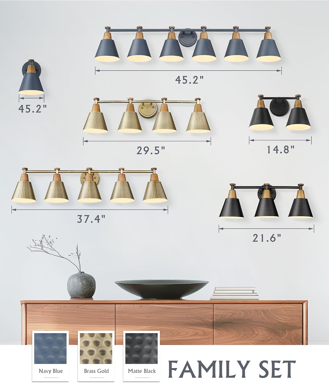 FEMILA 5 Light Bathroom Vanity Light, 37.4' Bathroom Lighting Fixtures Over Mirror, Blue Finish, E26 Base, 4FG59B-5W Blue