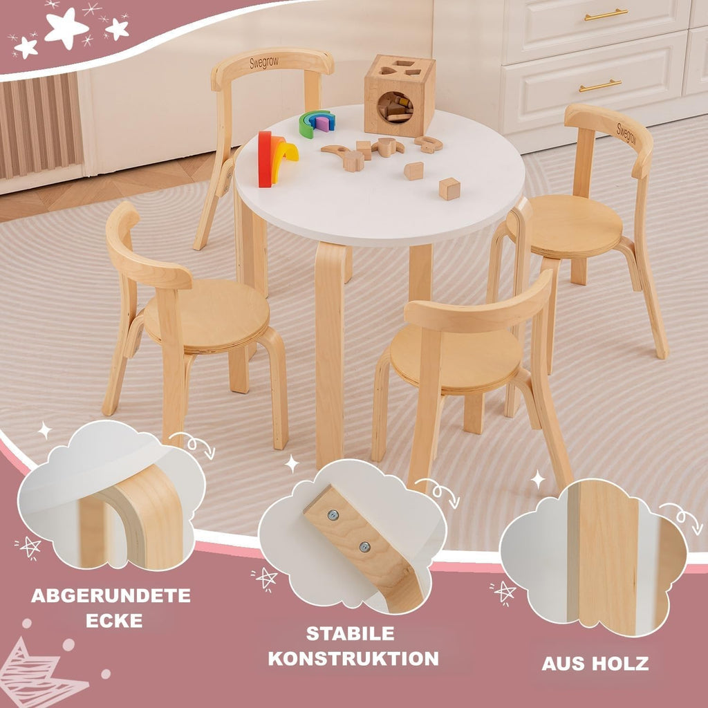 Swegrow Kids Table and 4 Chairs Set, Wooden Table and Chairs for Kids & Toddler，Kid Wooden Furniture for Playroom/Home/Kindergarten